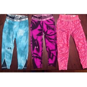 Lot of 3 Under Armour Girls HeatGear Leggings Blue Purple Pink YXS 1362333
